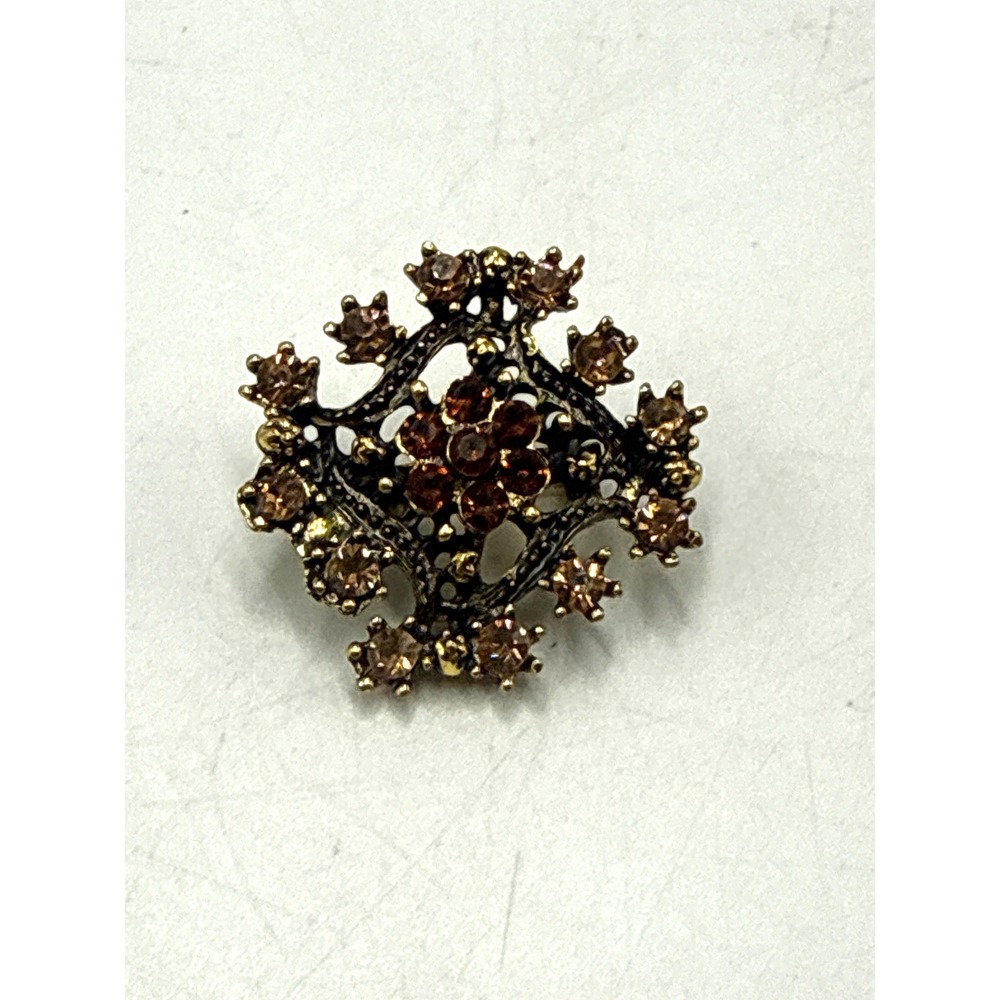 Vintage Gold Tone Amber Topaz Rhinestone Filigree Maltese Cross Brooch Pin